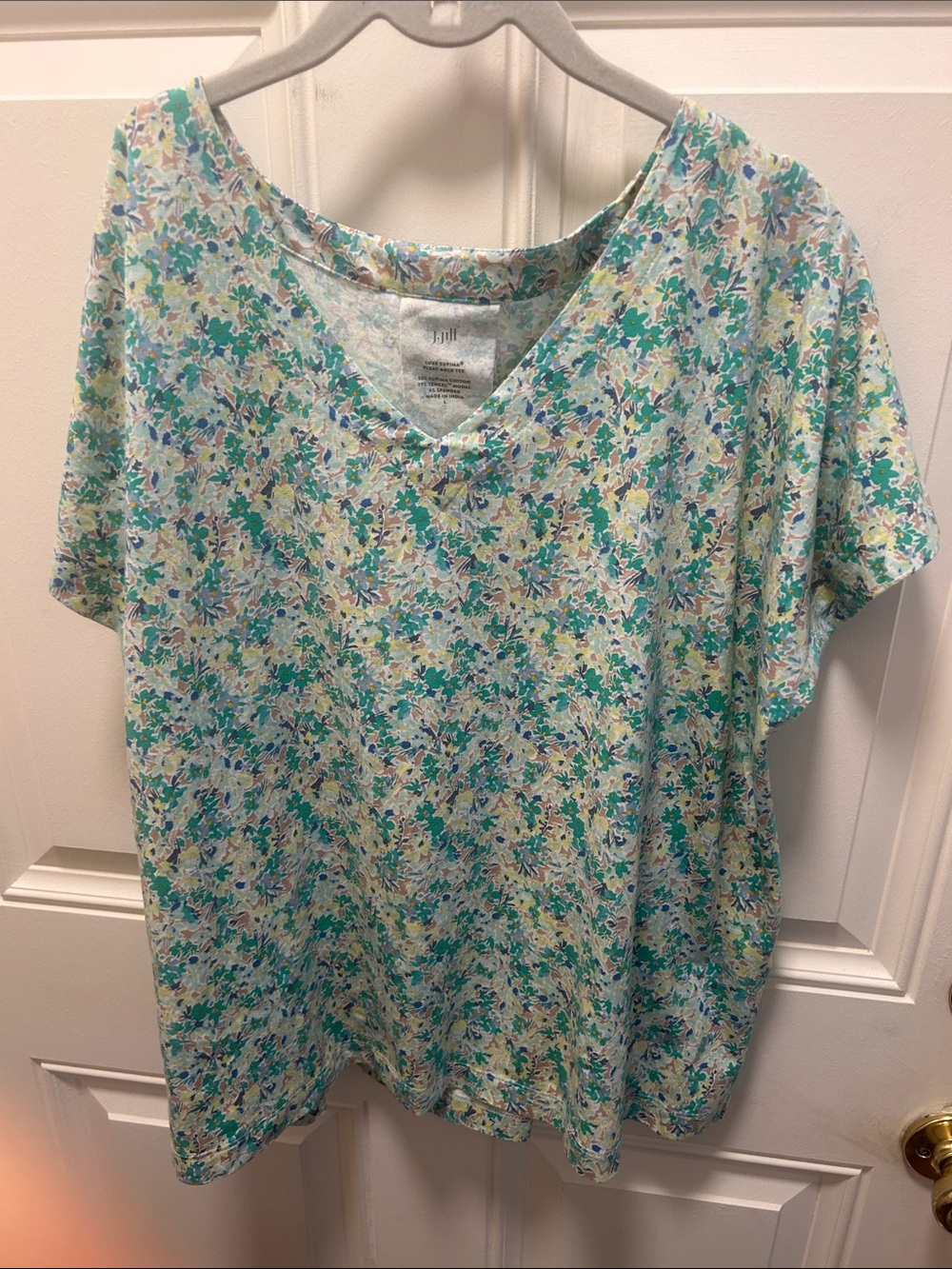 J. Jill Floral Short Sleeve Tee in Teal, Light Blue, Yellow